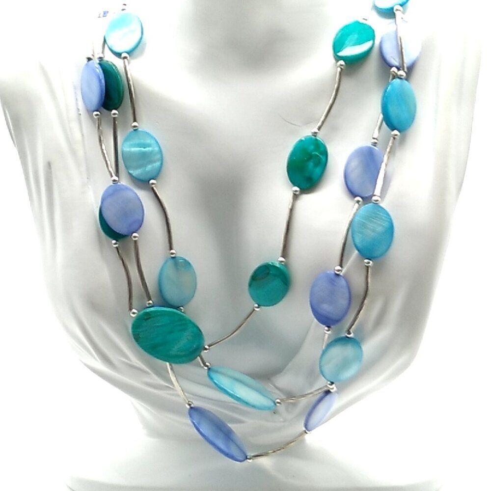 Triple Strand Shell Disc Necklace Turquoise Blue Silver-tone Tube Spacers